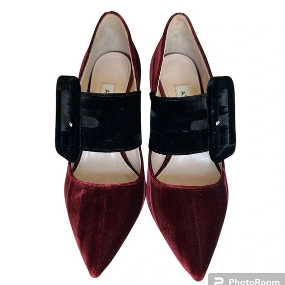 The Attico Elsa Velvet pumps Burgundy plum Black buckle heel EUC US size 5